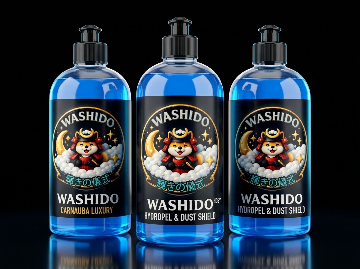 Botellas Washido HDS con líquido azul y etiquetas oficiales